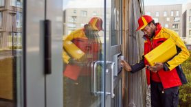 man delivery parcel to building