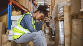 girl in high vis jacket sitting in the warehouse