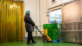 person moving items out of fridge