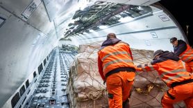 men loading plane pushing parcels upwards