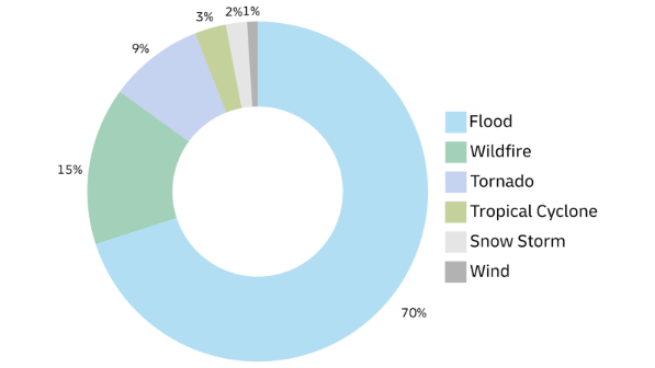 This donut chart illustrates the percentage breakdown of different types of weather events. Floods dominate the chart, occupying 70% of the total and represented by a large light blue section. Wildfires account for 15% (cool green), tornadoes 9% (light violet), tropical cyclones 3% (warm green), snow storms 2% (light gray), and wind events 1% (gray). A legend on the right lists the event types with corresponding colors.