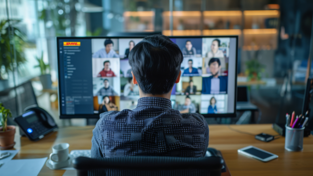 A person sits at a desk participating in a virtual meeting with many participants displayed on a large computer monitor, discussing affordable small business shipping solutions.