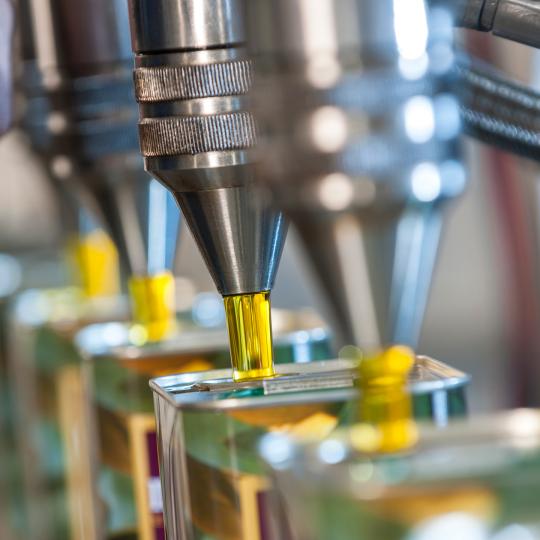 Oil being canned at factory by machines