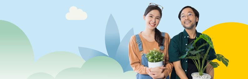 Man and woman carrying a plant with illustrated nature in the background.