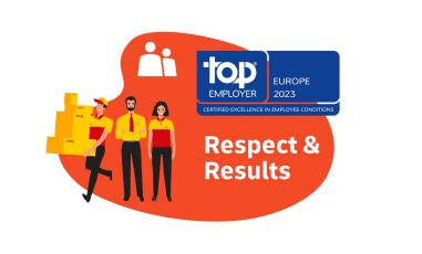 DHL-medarbetare med logotypen Top Employee Award och mottot Respect & Results.