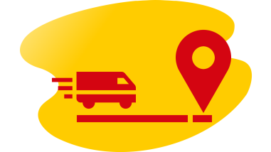 Symbol av en DHL-bil som levererar paket till en adress.