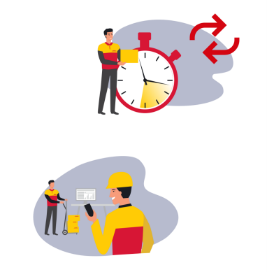 DHL employee carrying a package with a stopwatch and an update icon besides and two DHL employees working in the warehouse managing packages.