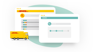 Dwa ekrany programu ukazujące śledzenie z ciężarówką DHL z przodu.