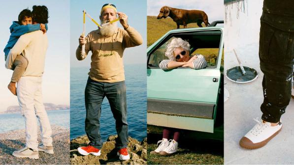 c.	A collage of 4 images showing different types of people wearing camper shoes in different settings – man on a cliff, lady in a car, man painting, man playing with his child