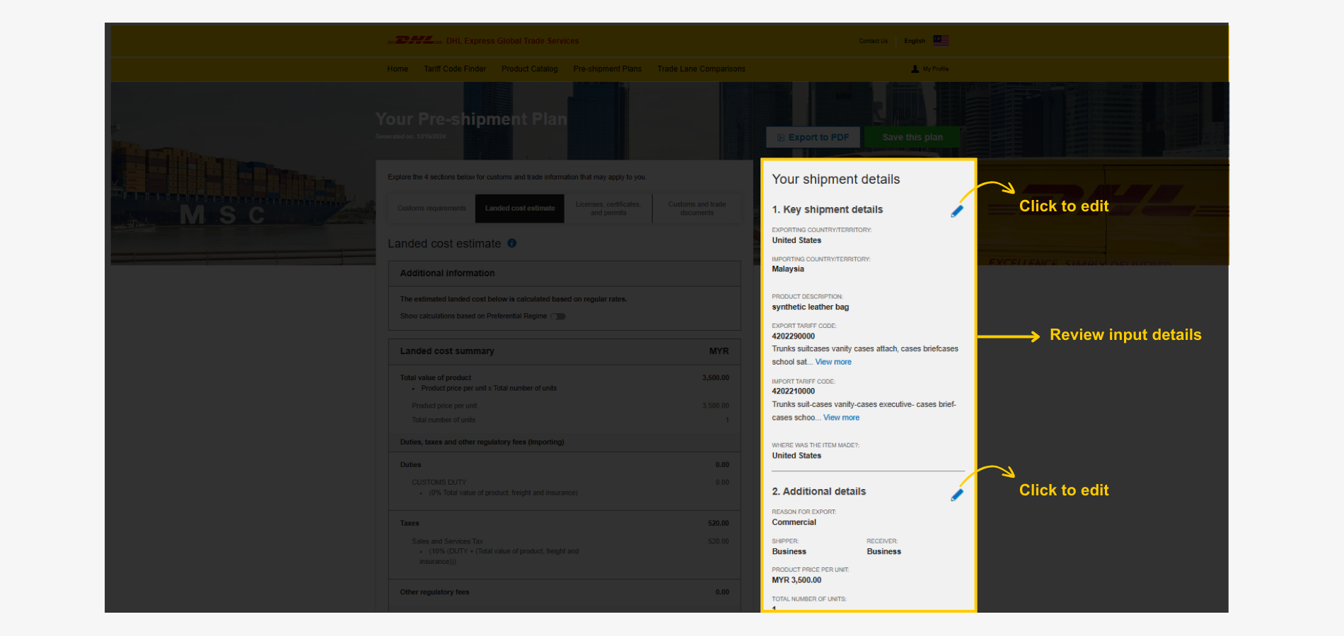 MyGTS Calculate Customs Duties - Edit Input Details