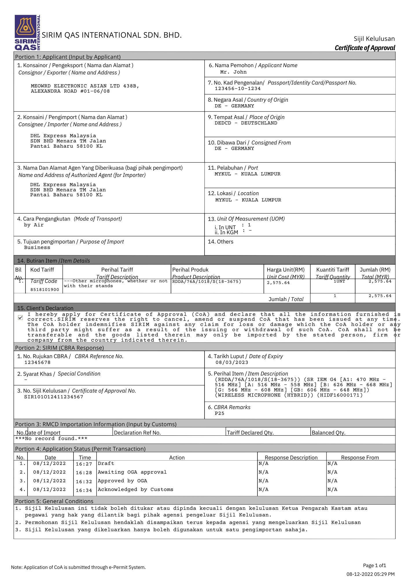 Sample Product Clearance Letter-SIRIM Import Approval