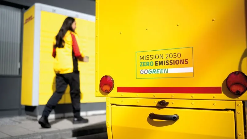 dhl delivery vehicle with 'Mission 2050 Zero Emissions GoGreen' decal, and a dhl employee placing a package in a parcel locker.