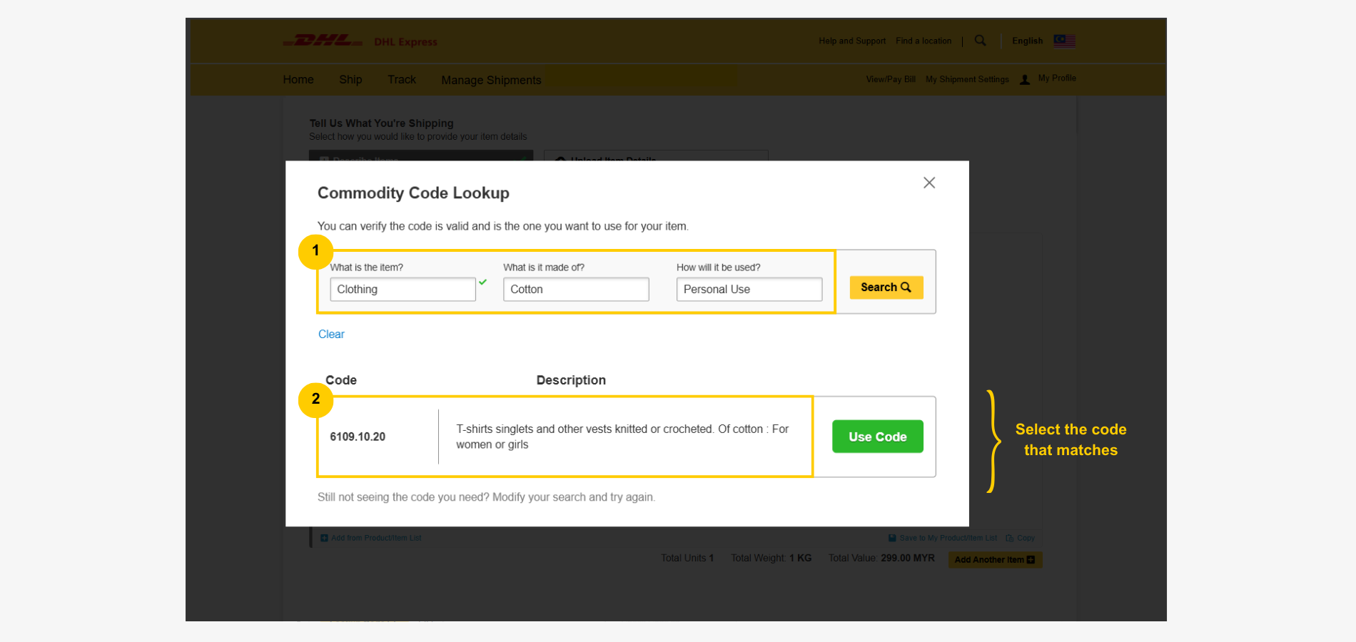 Create a DHL Customs Invoice-Commodity Details-Code Lookup Selection