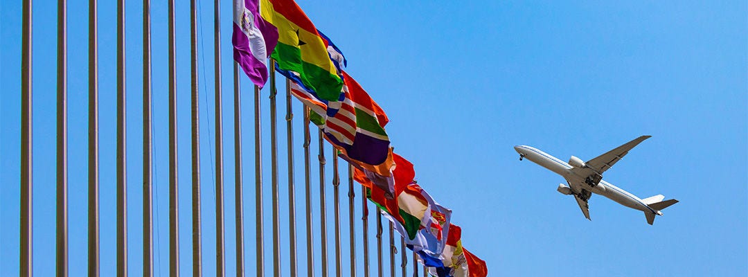 aeroplane flying over flags