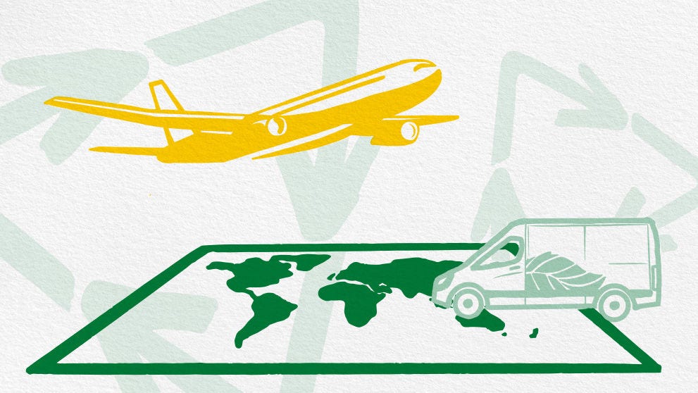 graphic image of a yellow aeroplane and a green van