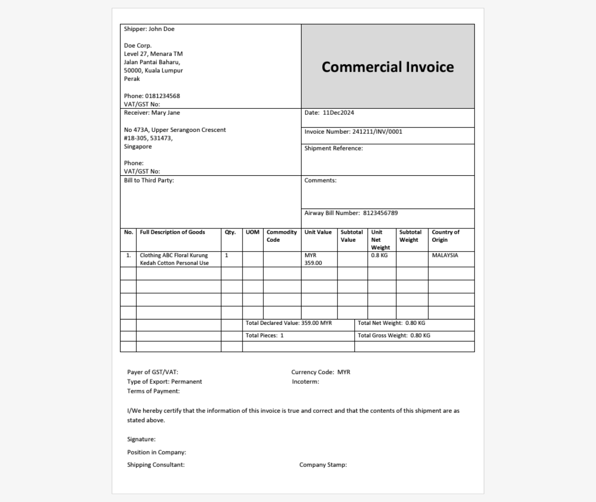 DHL Express Commercial Invoice Sample