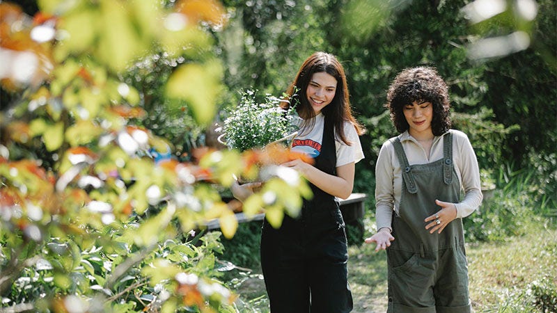 two women walking in garden