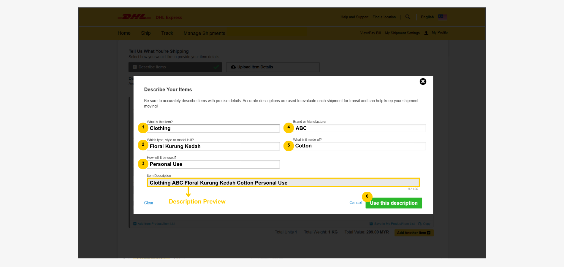 Create a DHL Customs Invoice-Commodity Details-Description Prompts