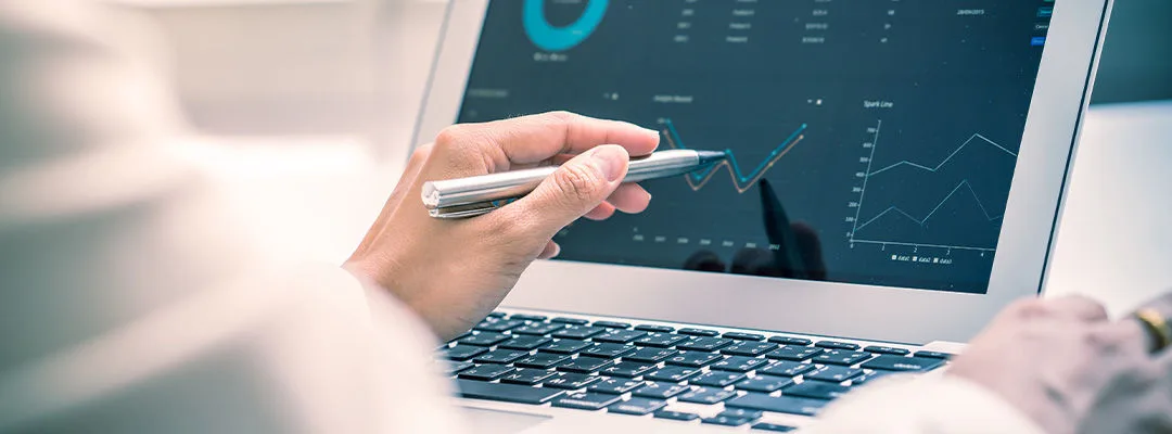 man pointing pen at laptop screen