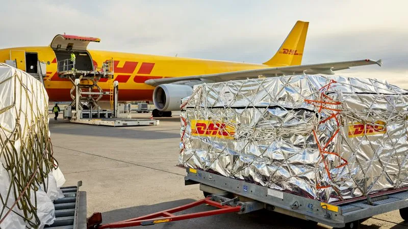 An air freight cargo being prepared for transportation.