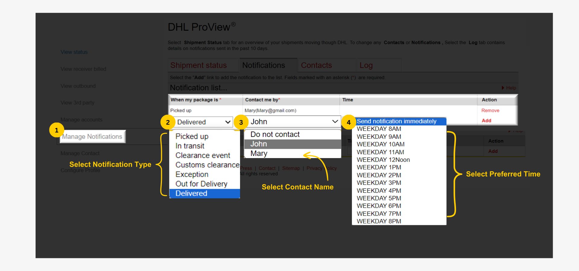 Step by Step: Proactive Shipment Notifications - DHL Proview-Activate Notification