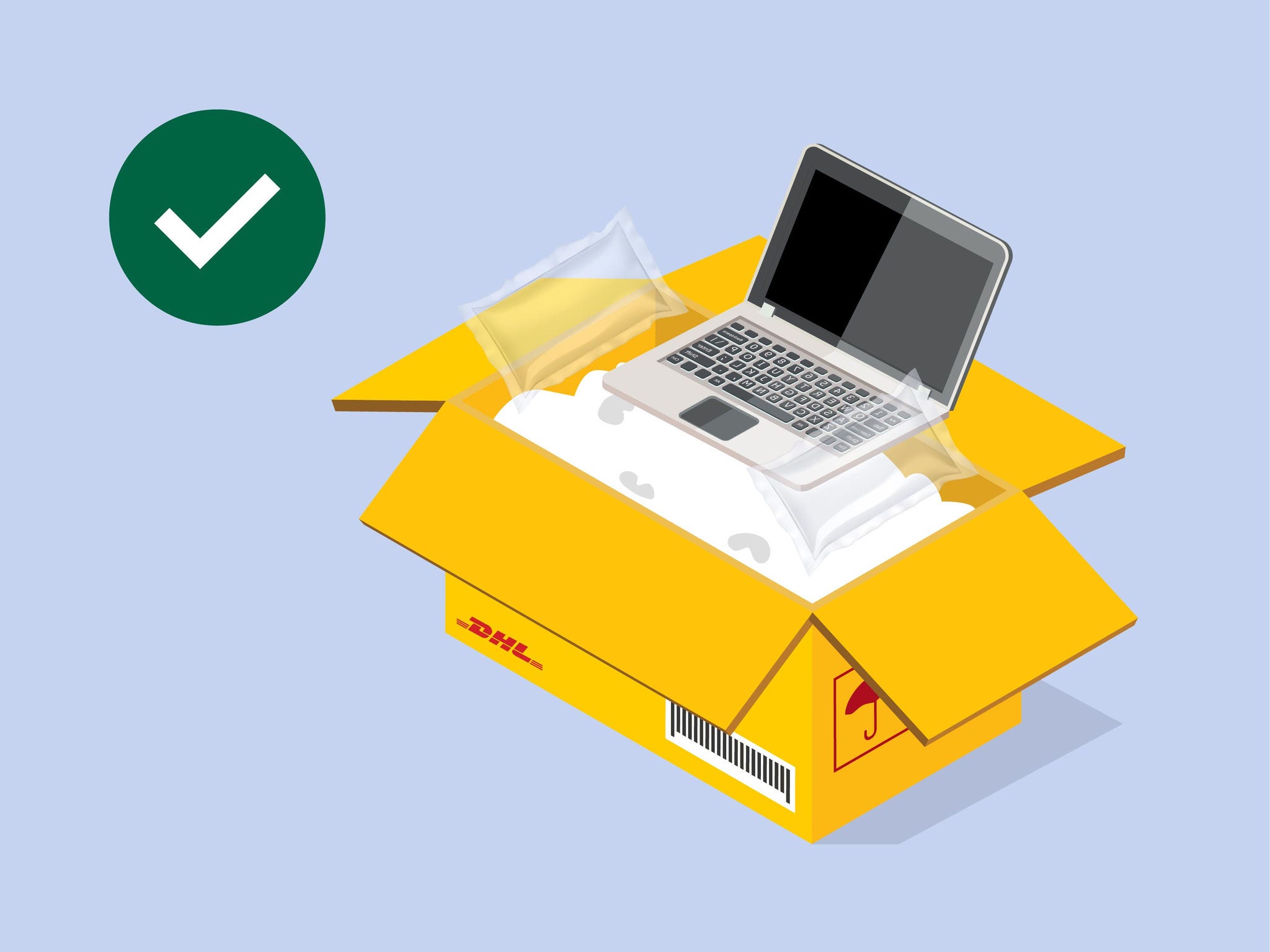 laptop in a yellow DHL box