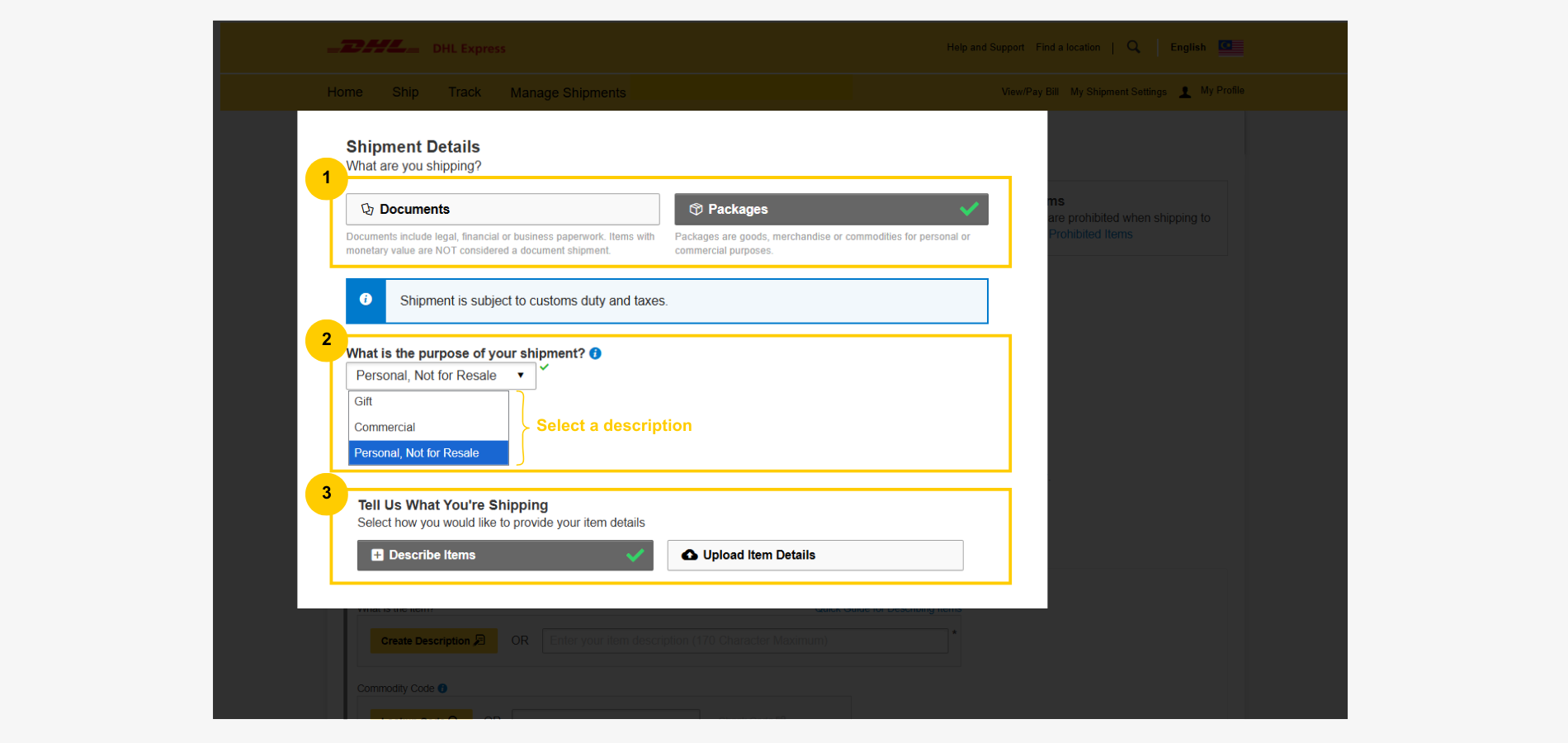 Create a DHL Customs Invoice-Commodity Details