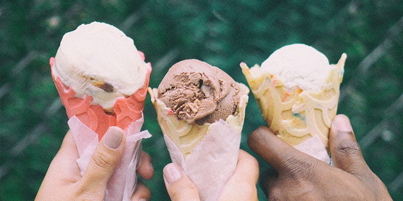 Chocolate, strawberry and vanilla ice cream cones