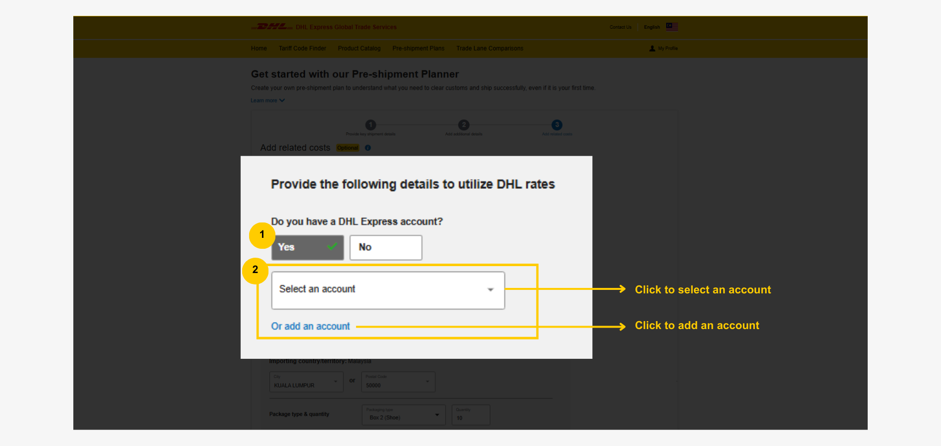 MyGTS Calculate Customs Duties - Use DHL Express Account