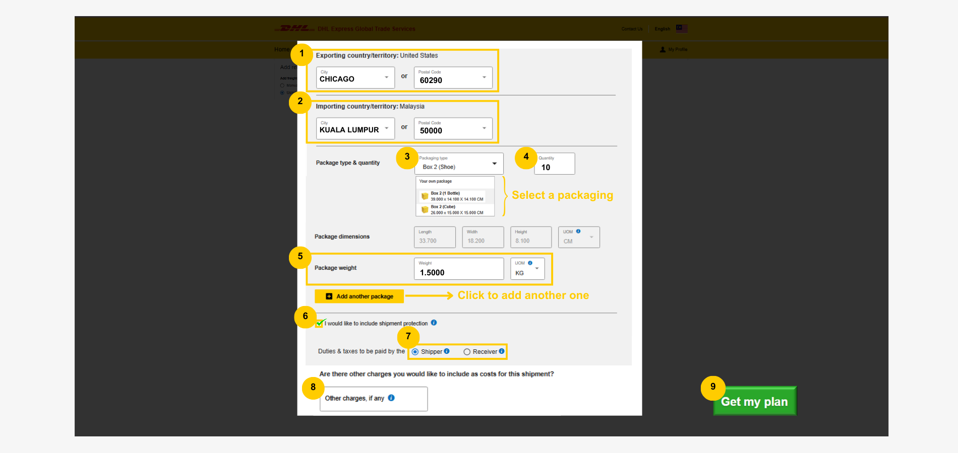 MyGTS Calculate Customs Duties - shipment information