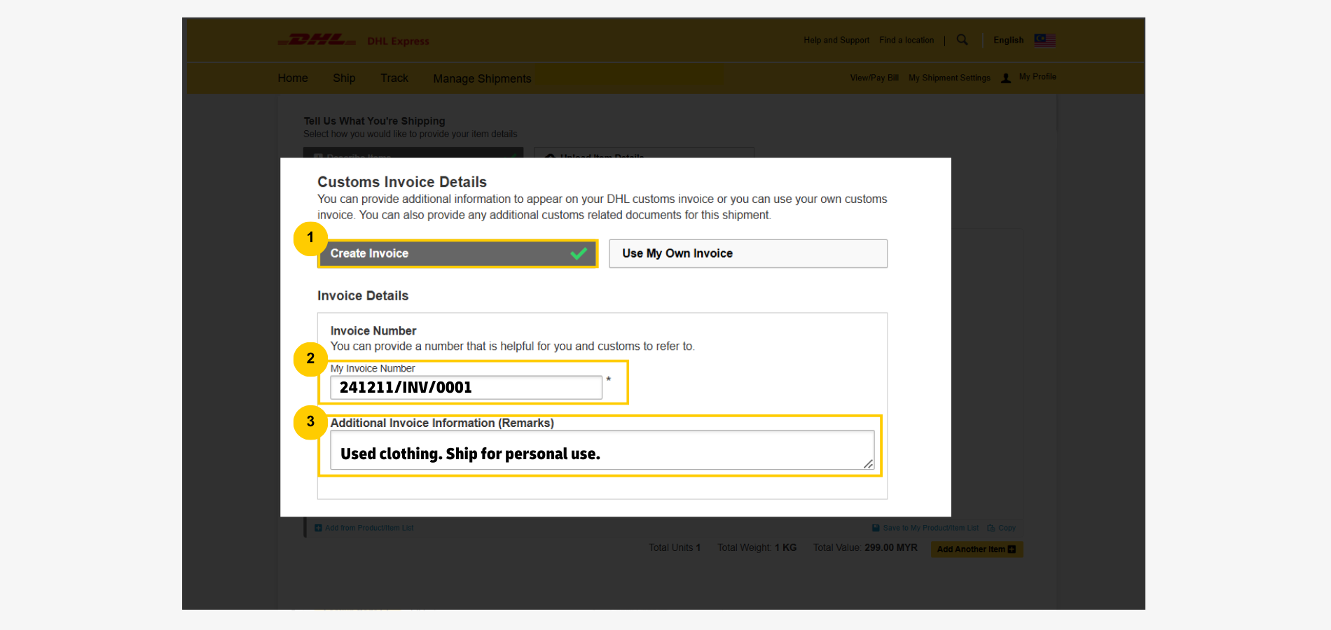 Create a DHL Customs Invoice - Customs Invoice Creation Selection