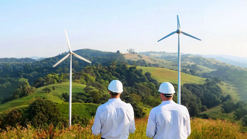 two men in hard hats looking at a wind farm