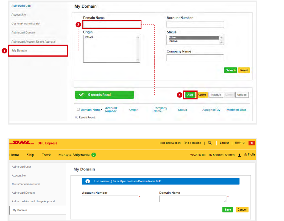 Note* You can add multiple emails domains in the My Domain list. Comma (,) is used to separate multiple email domains.