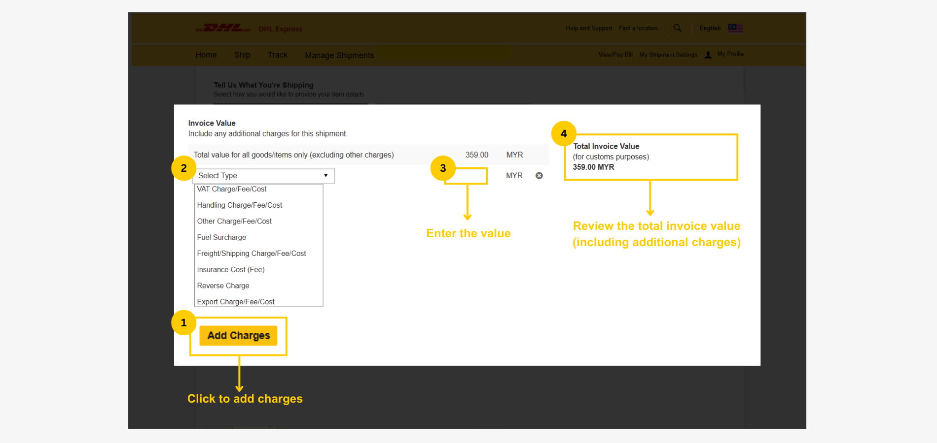 Create a DHL Customs Invoice-Commodity Details-Additional Charges