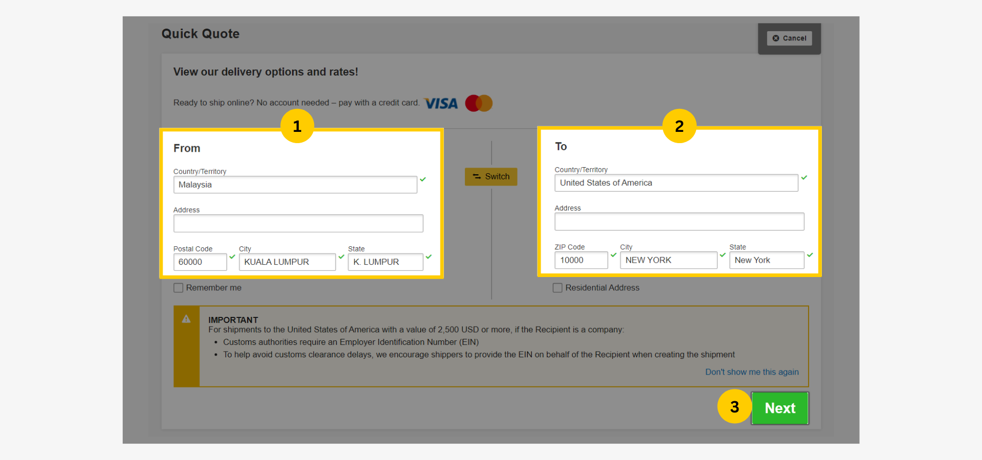 Check DHL International Shipping Rate-Fill in Shipping Details