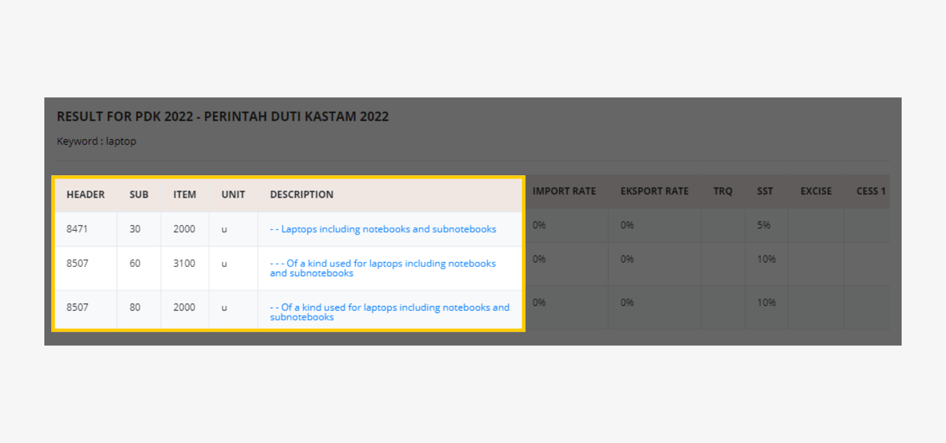 JKDM HS Explorer HS Code Result