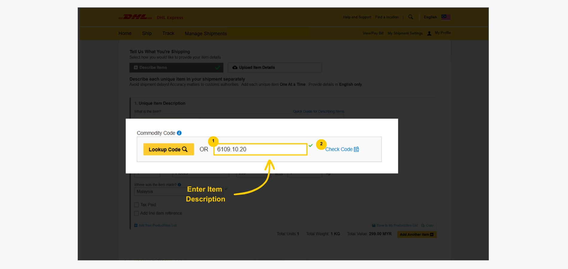 Create a DHL Customs Invoice-Commodity Details-Code