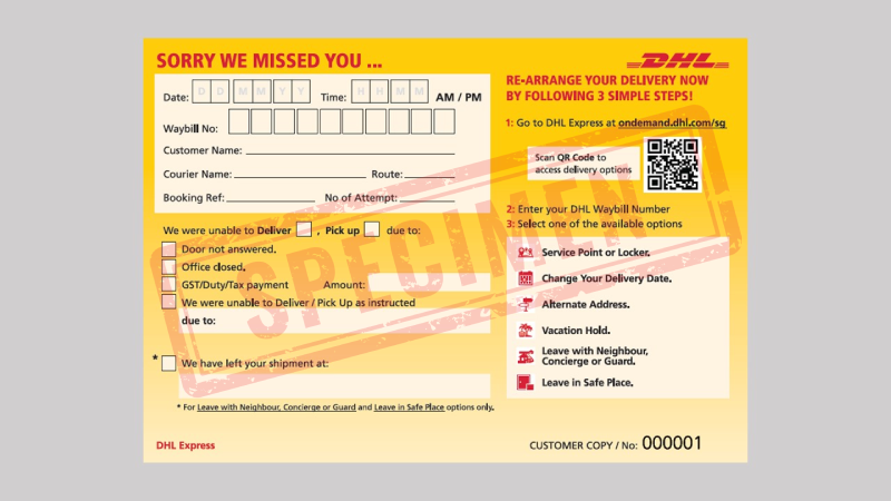 dhl sorry we missed you card for missed delivery