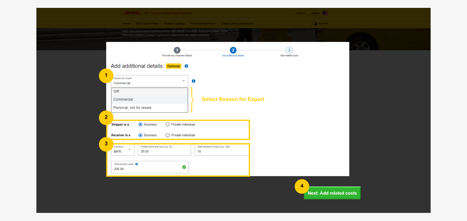 MyGTS Calculate Customs Duties - Commodity Value