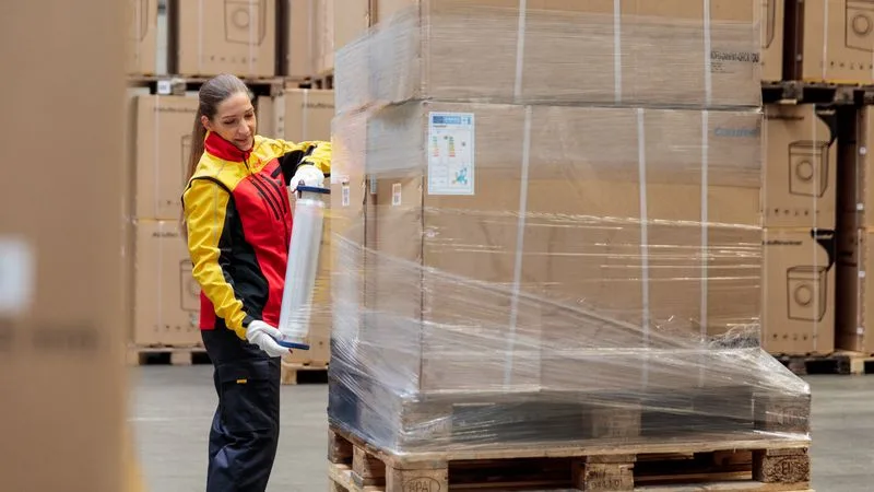 dhl express employee wrapping a heavy shipment with tape