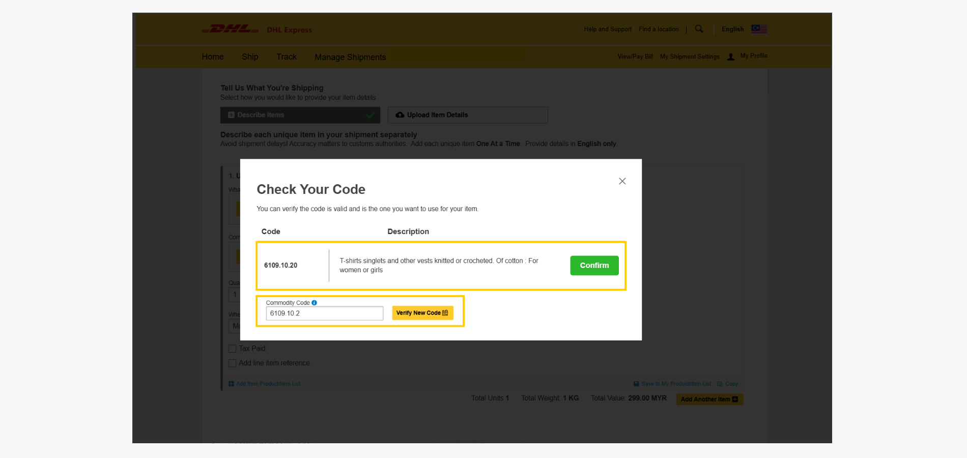 Create a DHL Customs Invoice-Commodity Details-Code Checker