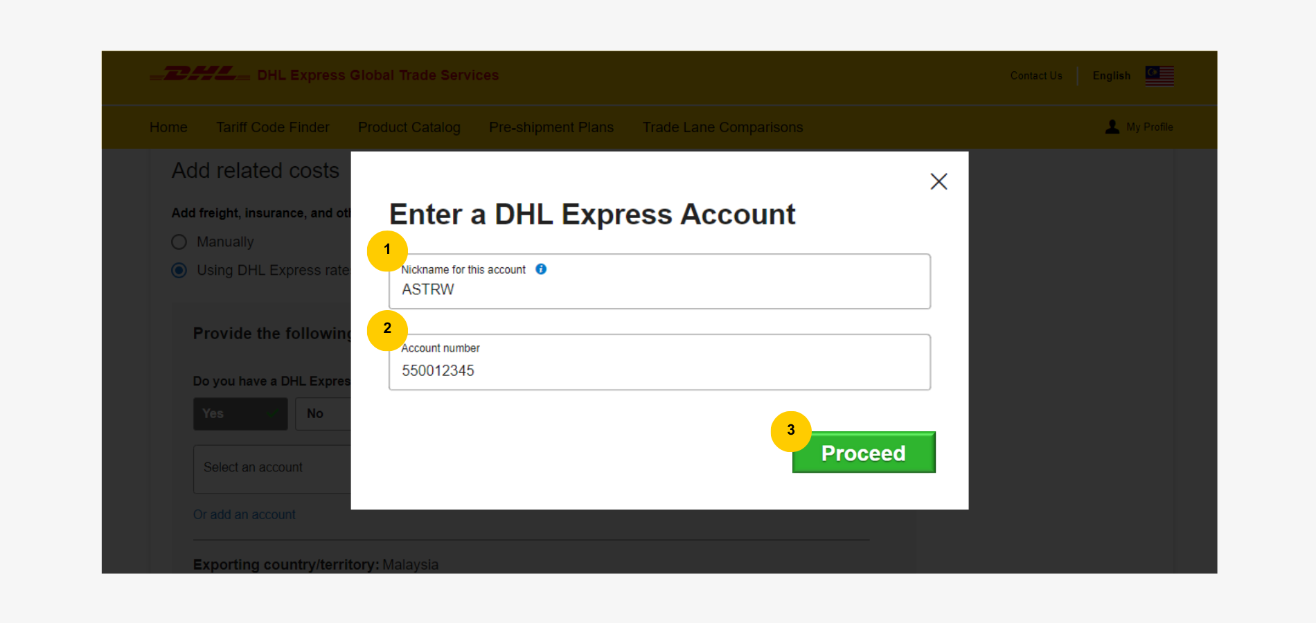 MyGTS Calculate Customs Duties - Add DHL Express Account