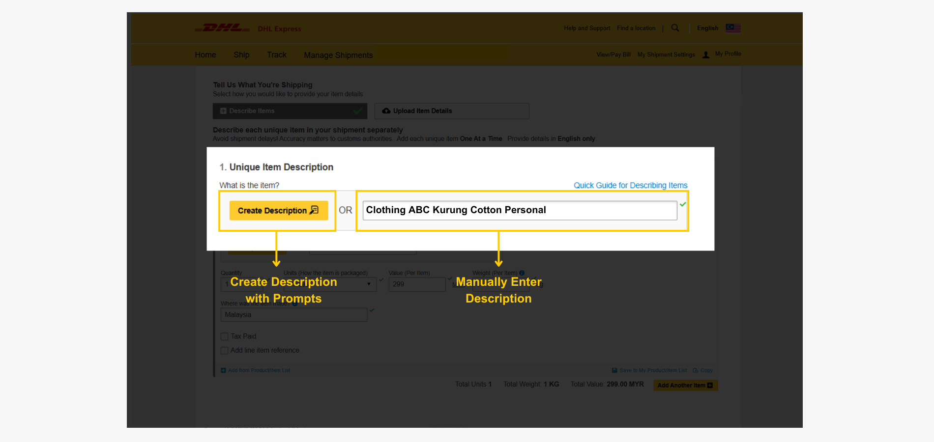 Create a DHL Customs Invoice-Commodity Details-Description