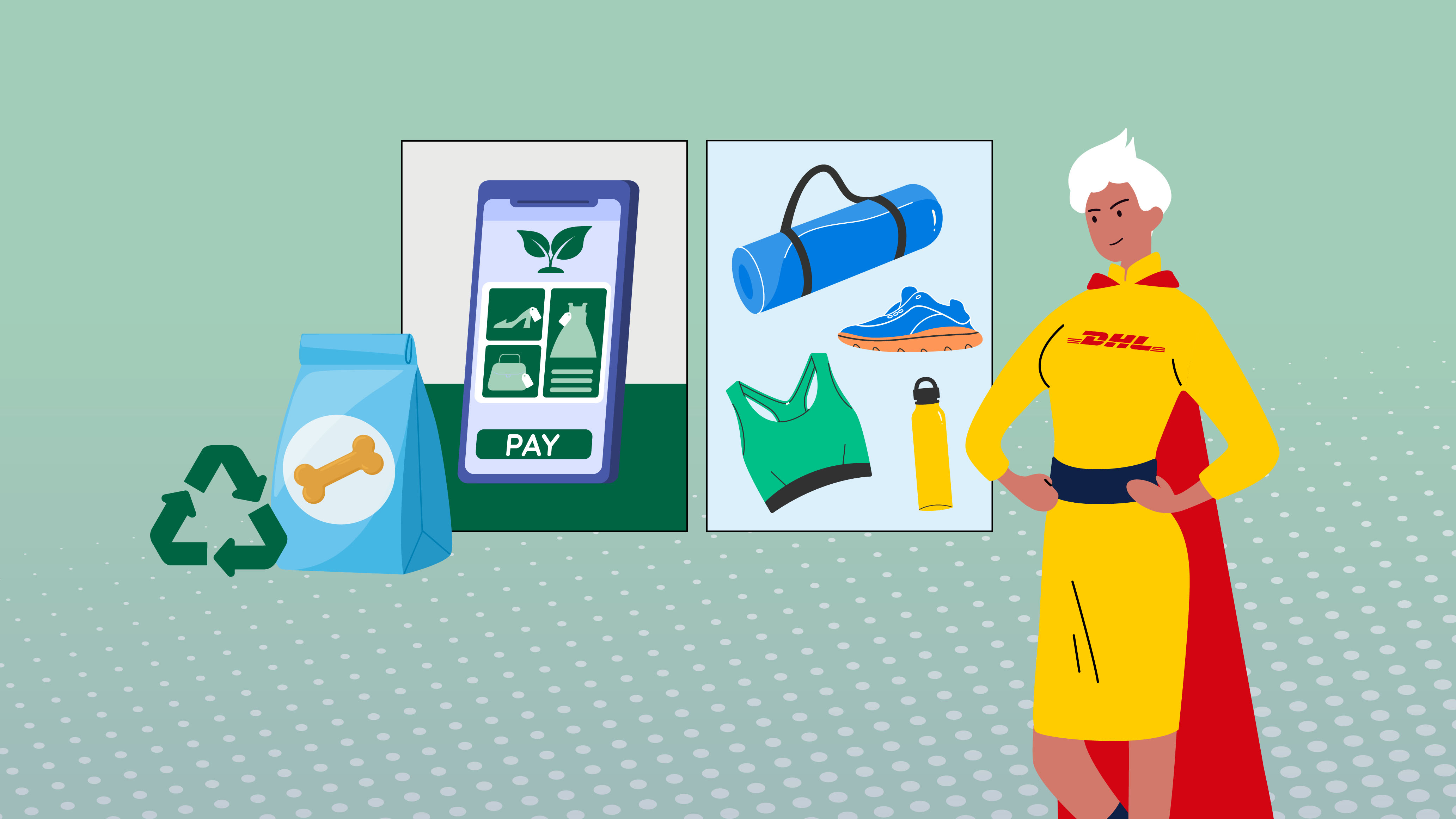 graphic image of dhl superhero and eco friendly products