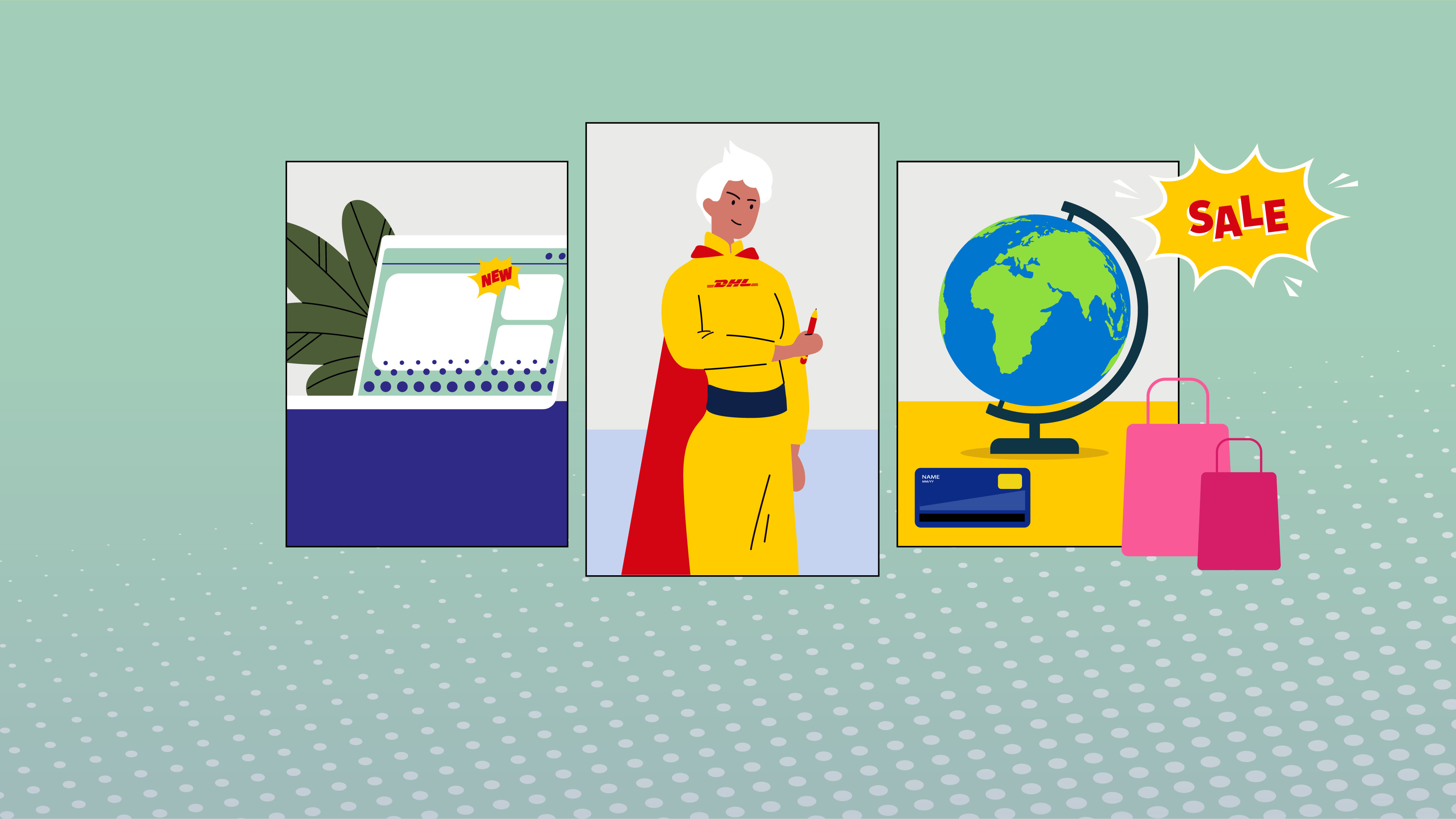 Graphic image with superhero characters and globe