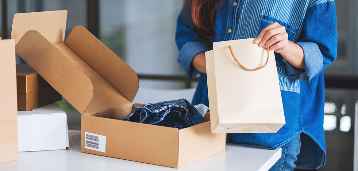 woman opening package