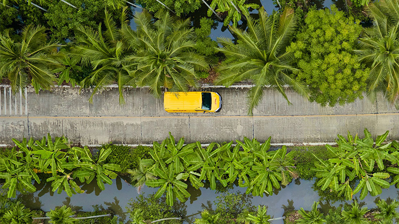 aerial view of DHL van on a road