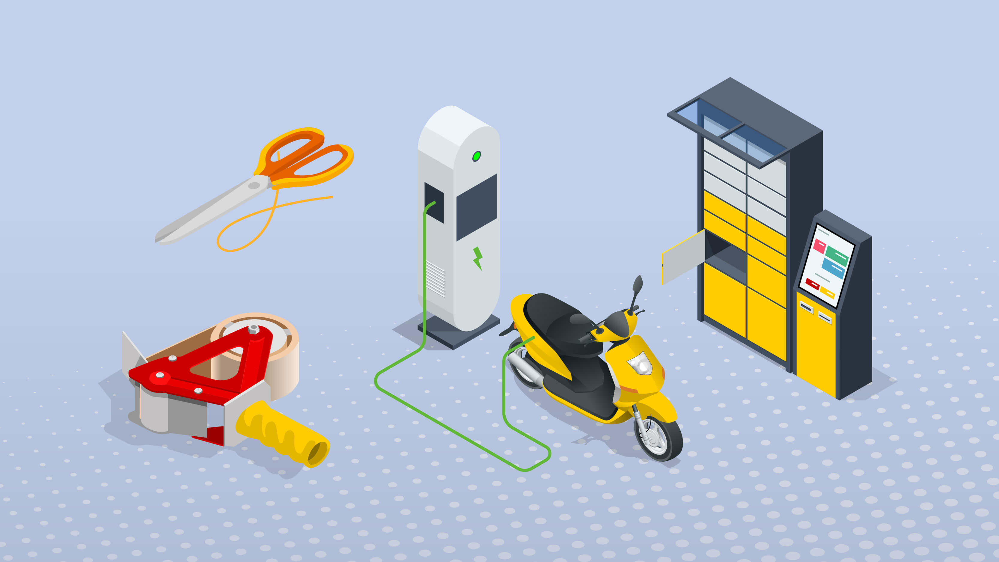 graphic image with parcel locker, motor bike and EV charging station