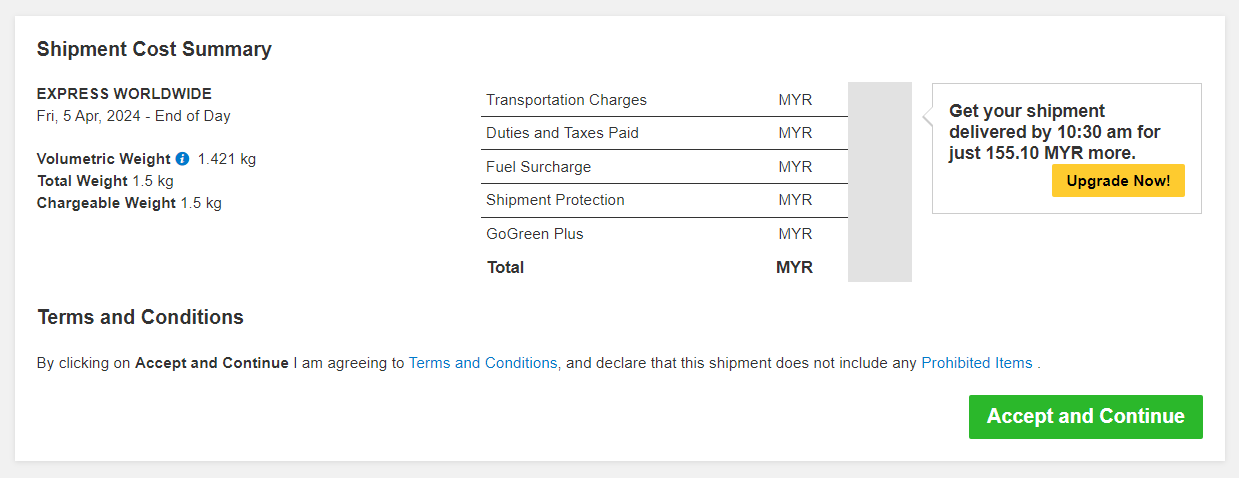 Shipment Cost Summary