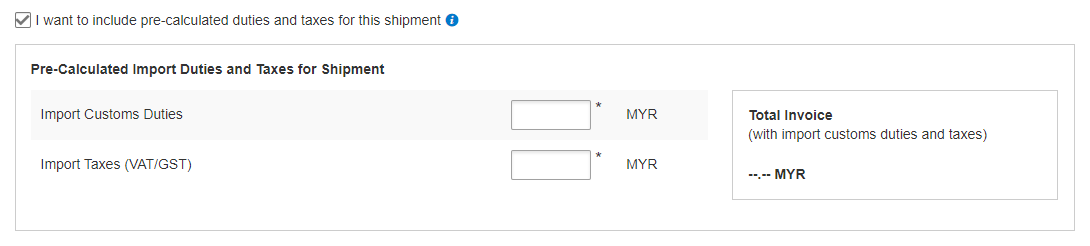 pre-calculated duties and taxes